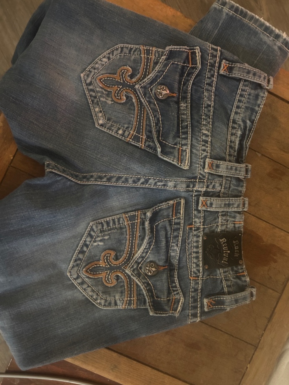 Men’s Blue Distressed ROCK REVIVAL Embroidered Pocket Jeans - Picture 2 of 13